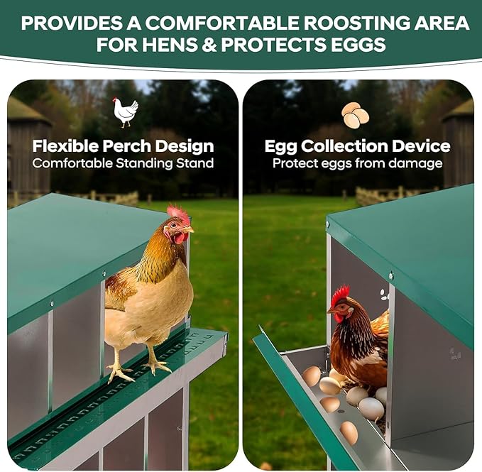 6-Hole Chicken Nesting Box, Rustproof Galvanized Steel, Wall-Mounted Metal Laying Box for Hens, Easy Egg Collection & Cleaning, Roll Away Nest Boxes - Green