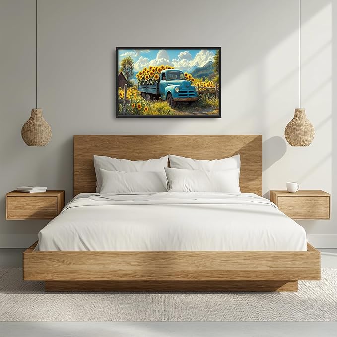 Olivine Large Wall Art, Sunflower Pictures Wall Decor, Farmhouse Sunflower Painting, Sunflowers Truck Canvas Prints, Framed Artwork for Living Room Bedroom Bathroom Office Home Decoration 36"x24"