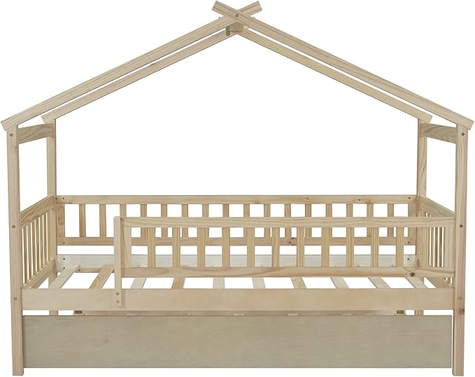 Harper & Bright Designs Twin House Bed with Trundle, Kids Platform Frame Rails and Roof, Tent Bed, Wood Playhouse Montessori for Teens Girls Boys, No Box Spring Needed (Natural)