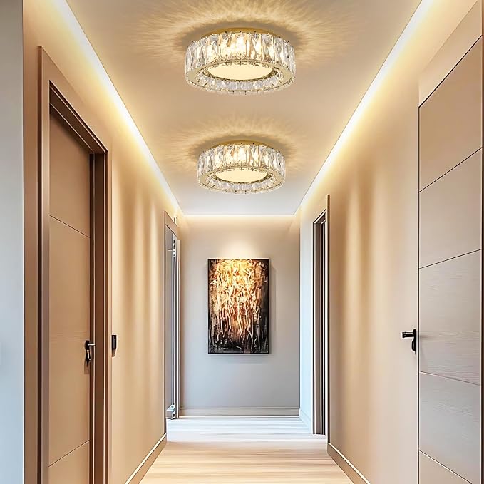 Crystal Dimmable Flush Mount Ceiling Light, Glod Modern LED Close to Ceiling