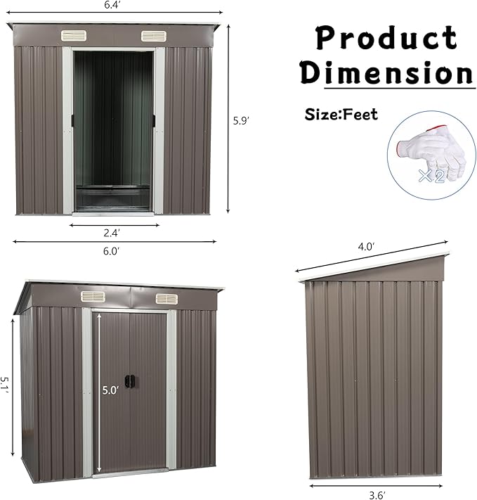 6X4 FT Outdoor Storage Shed, Waterproof Metal Garden Sheds with Lockable Door, Steel Tool Storage Buildings Shed & Outdoor Storage House for Garden, Backyard, Patio, Lawn, Trash Cans(Gray)