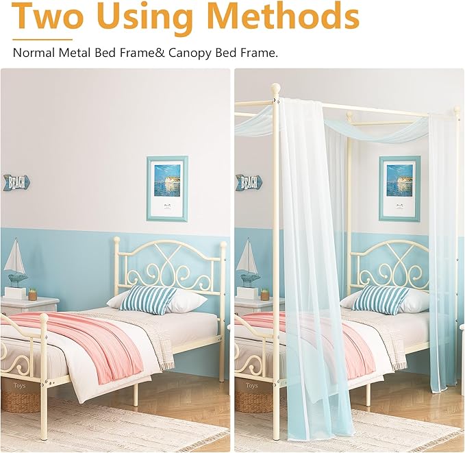 Weehom Princess Canopy Bed Frame with 4 Posters, Sturdy Metal Platform with Headboard&Footboard No Box Spring Needed Twin Size Bed for Kids Girls Adults,Beige White