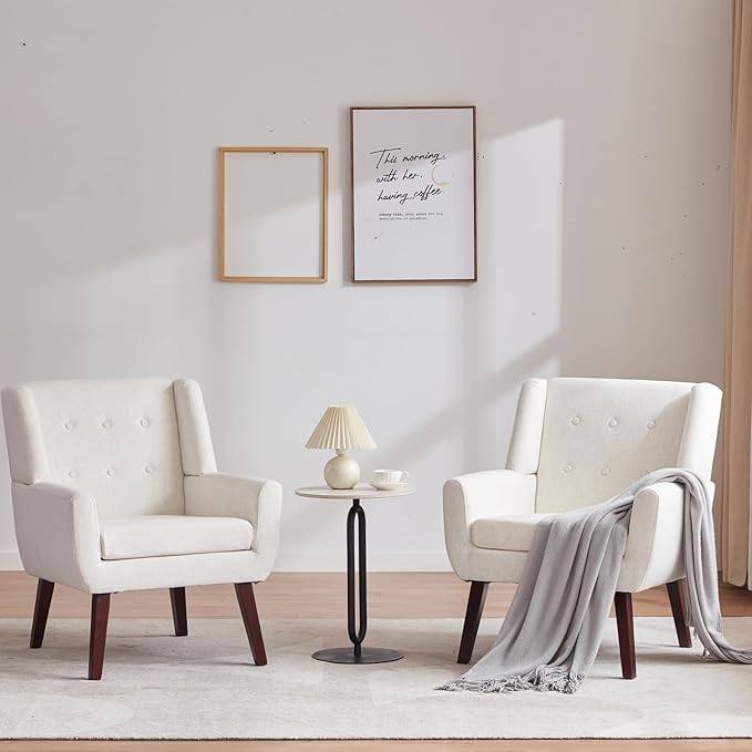 HUIMO Button-Tufted Accent Chairs Set of 2,Upholstered Reading Living Room Chair,Mid Century Modern Chair with Linen Fabric, Club Chair,Comfy Arm Chairs for Living Room,Bedroom,Beige