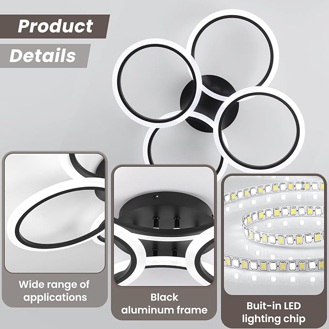 Modern LED Ceiling Lights Fixture Black Dimmable Acrylic 4 Rings Ceiling Lights