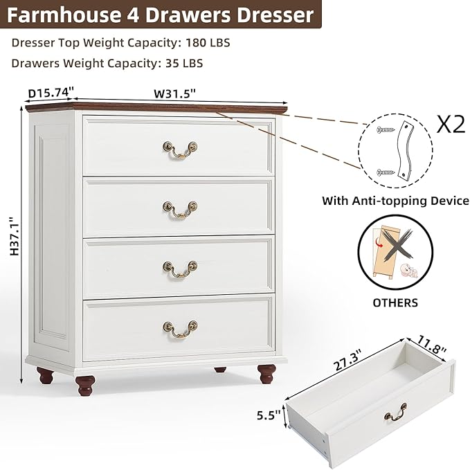 Farmhouse 4 Drawer Dresser for Bedroom, 37" Tall Rustic Chests of Drawers w/ 4 Solid Wood Feet, Mid Century Modern Wooden Closet Storage Dressers Organizer for Living Room, Hallway, White