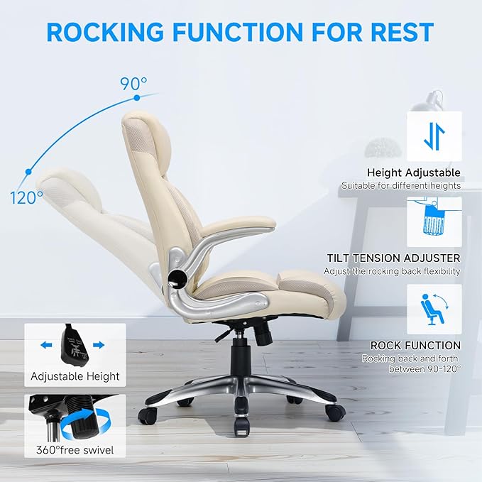 COMHOMA Big and Tall Office Chair, High Back Leather Executive Chair with Pocket Spring Lumbar Support and Flip-up Armrests, Swivel Managerial Office Chair with Adjustable Height， Beige