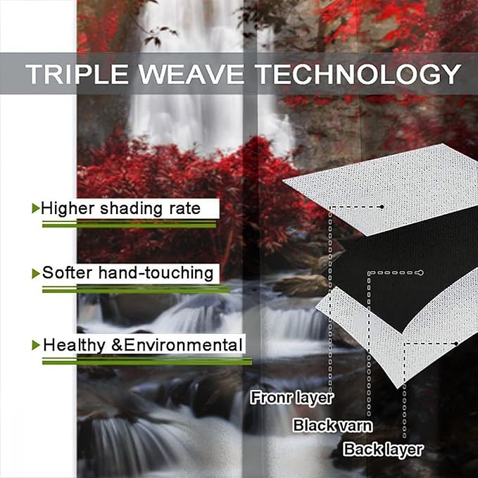 Nature Waterfall Blackout Curtains, Autumn Waterfall Romantic Forest Landscape Print Rod Pocket Window Drapes, for Bedroom Living Room 63" W X 63" L