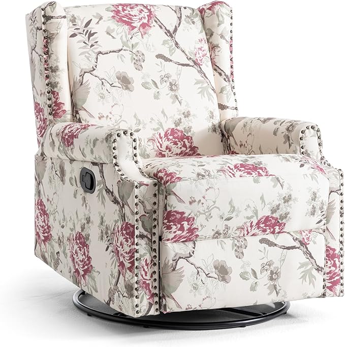 UIXE Swivel Rocker Manual Recliner Chairs Set of 2, Wingback Swivel Glider Fabric Nursery Reclining Sofa Chair, High Back Upholstered Arm Chair for Living Room Bedroom - Beige Floral