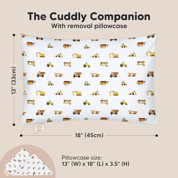Toddler Pillow with Pillowcase - 13x18 My Little Cuddly Pillow, Viscose Derived From Bamboo Nursery Toddler Pillows for Sleeping,Kids Pillow,Small Travel Pillows,Mini Toddler Bed Pillow (Construction)