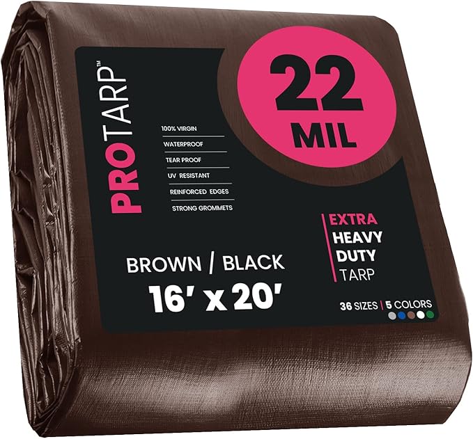 PROTARP Extreme Heavy Duty 22 Mil Tarp Cover, Waterproof, UV Resistant, Rip and Tear Proof, Poly Tarpaulin with Reinforced Edges for Roof, Camping, Patio, Pool, Boat. (Brown/Black 16′ X 20′)