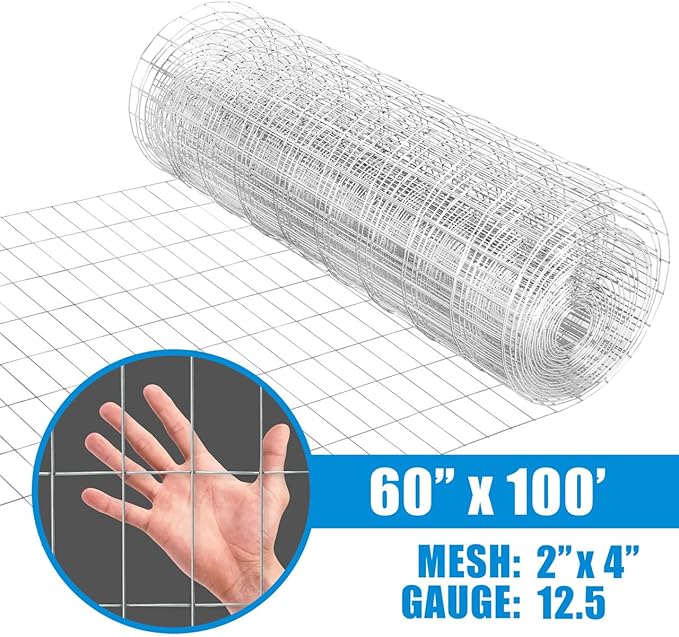 Fencer Wire Welded Wire Fence 12.5 Gauge, Galvanized Welded Fence Wire Roll, Mesh Size 2-Inch x 4-Inch, Hog Wire Fencing Cage, Multiple Use for Home Improvement & Animals Enclosure (5ft. x 100ft.)