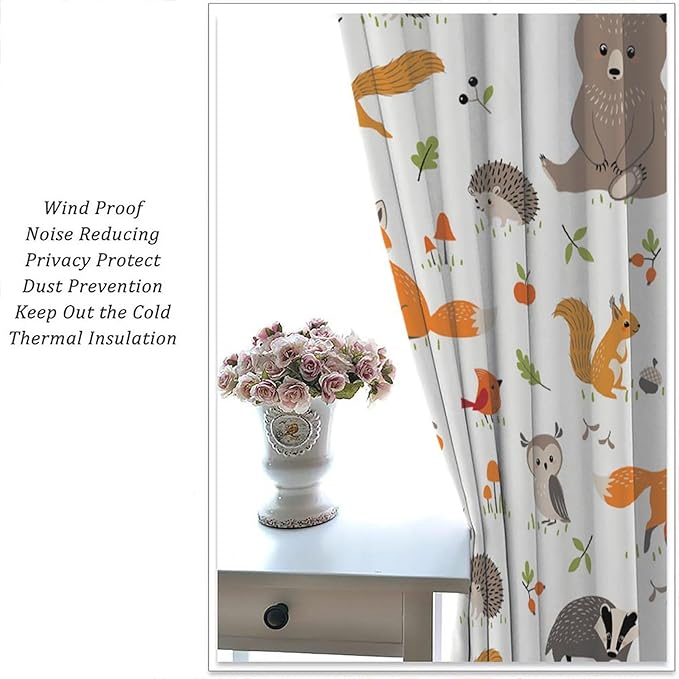 Forest Animal Curtains for Kids, Cartoon Safari Woodland Animals Window Treatments Cute Wild Jungle Bear Fox Deer Bear Window Drapes for Girls Boys Nursery Toddler Bedroom 42x54in