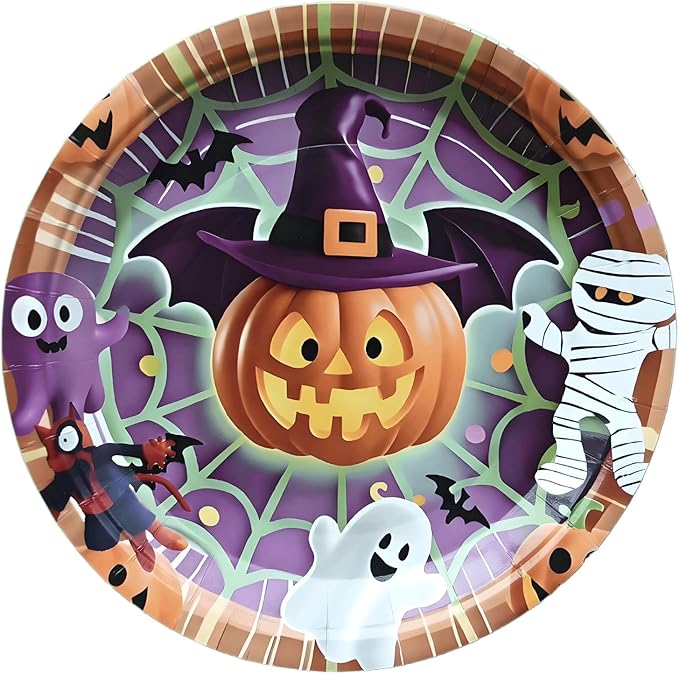 Halloween Paper Plates,Cups,Forks(96Pcs)-Disposable Party Plates Heavy Duty,Party Supplies Tableware Set|Paper Plates 9 inch & 7 inch,Spooky Decor(Flying Pumpkin,Ghost,Zombie,Bat) for Kids Halloween