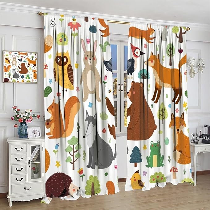 Kids Safari Animals Curtains, Baby Boy Girl Rustic Woodland Printed Cartoon Forest Window Treatments for Bedroom Living Room Nursery 2 Panels Sets, 42x45 Inch