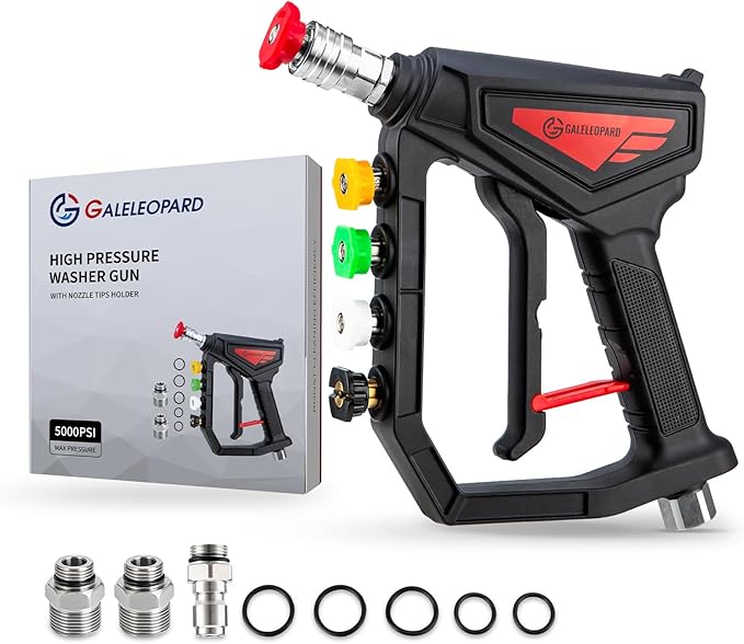 Short Pressure Washer Gun,5000 PSI High Power Washer Gun with 5 Spray Nozzle Tips, 3/8" Quick Connect Plug and M22-14/15mm Fittings, Compatible with Foam Cannon, Nozzle Tips Holder