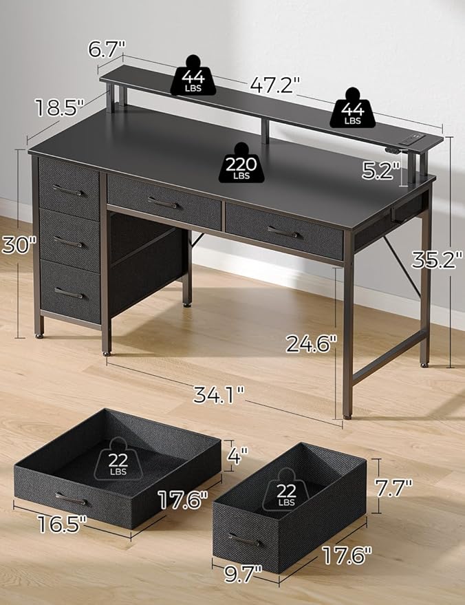 Seventable Computer Desk with Power Outlets & LED Light, 47 inch Home Office Desk with 5 Drawers, Writing Desk with Monitor Stand, Work Desk for Home Office, Black