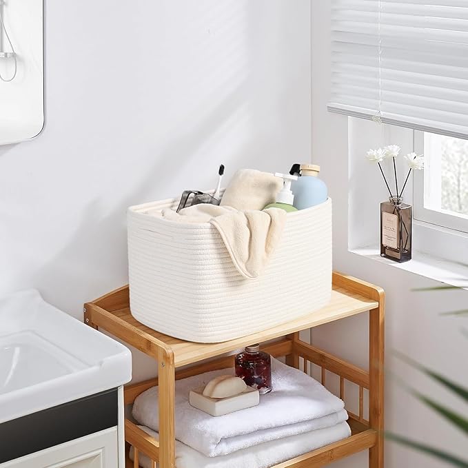 3-Pack Shelf Baskets for Organizing, Woven Storage Basket for Shelves, Cotton Rope Storage Bins for Toys Books, Nursery Towel Baskets for Classroom, 14.96"X9.8"X8.85", White