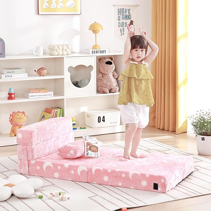Folding Sofa Bed Floor Mattress for Kids with Pillow, Toddler Glow Washable Folding Floor Nap Mat for Sleeping, Child Fold Up Sofa Futon Chair Bed with Storage Bag for Girls Boys
