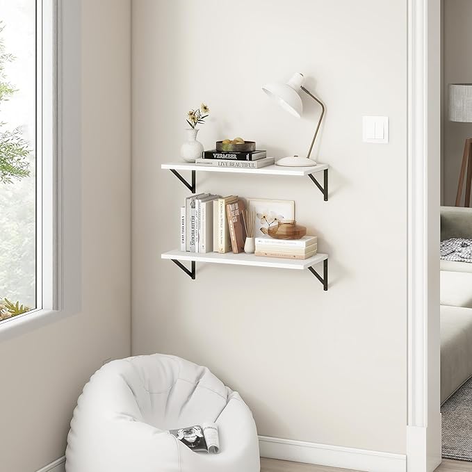 Fun Memories 27.5" W x12 D Floating Shelves, White Wall Shelf with Brackets, 12 Inch Deep Floating Shelf Set of 2, Large Storage Kitchen Living Room Bathroom Shelves, Wood Wall Mounted Shelf