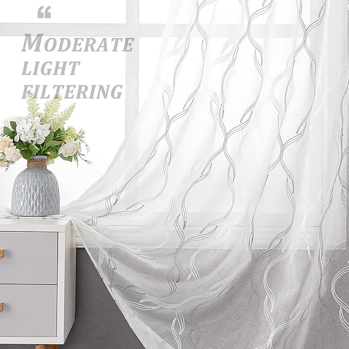 VISIONTEX Sheer Curtains 95 Inches Long 2 Panels Set, Grey and Ivory Moroccan Embroidery Texture Geometric Rod Pocket White Voile Tulle Semi Window Treatment Pair for Bedroom, W54 x L95