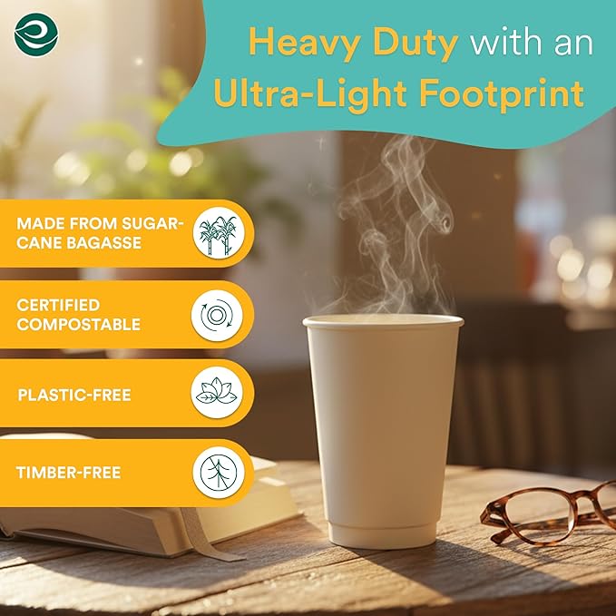 ECO SOUL 100% Compostable Plant-Based 12oz Hot Cups | (100 Count, 12 oz Hot Cups) | Disposable Bagasse Paper Cups | Eco-friendly Cups | Sturdy, Microwave & Oven Safe