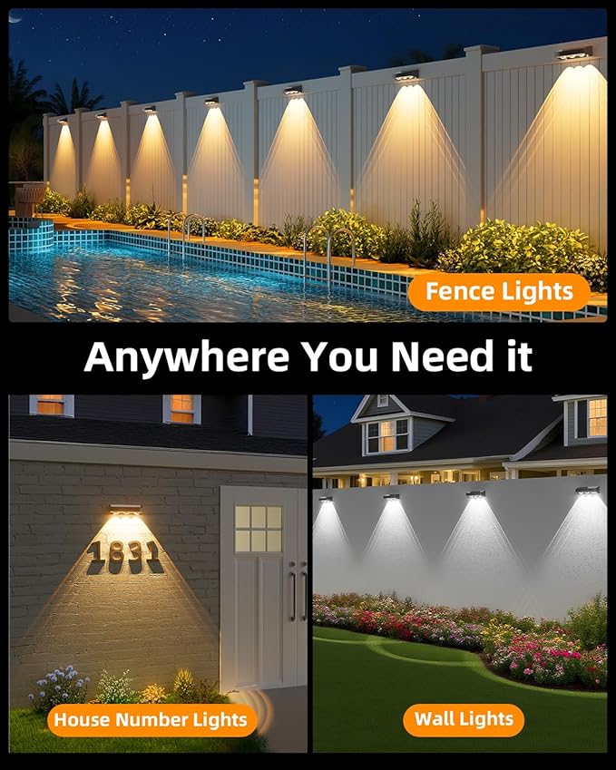 Solar Fence Lights 2 Pack, Warm White, Cool White and RGB Color Glow LED Solar