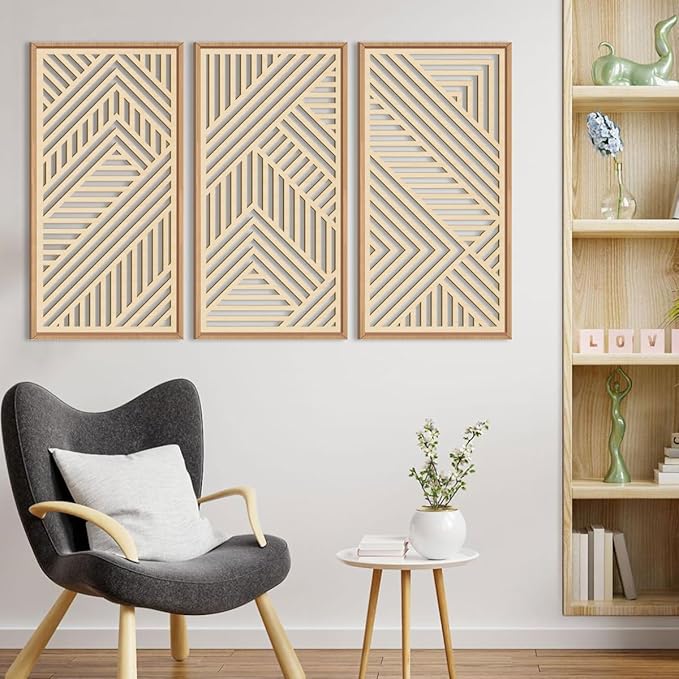 IARTTOP 3 Pieces Wood Boho Wall Art Framed Mid century Modern Wooden Wall Decor Large Minimalist Geometric Line Decor for Living Room Bedroom Office-16 x32