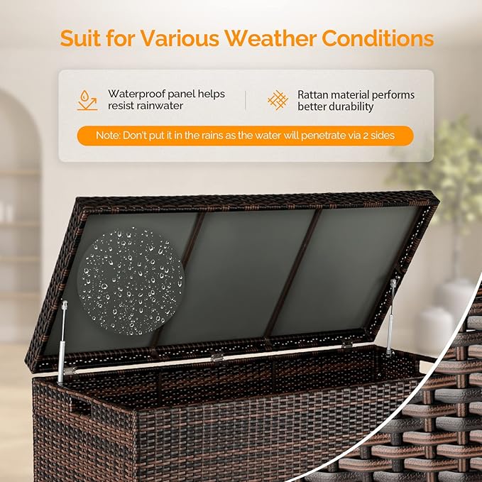 VINGLI Outdoor Wicker Storage Box, 132 Gallon Patio Rattan Deck Box, Wicker Storage Bench for Indoor, Outdoor, Pool, Balcony, Yard, Garden – Dark Brown