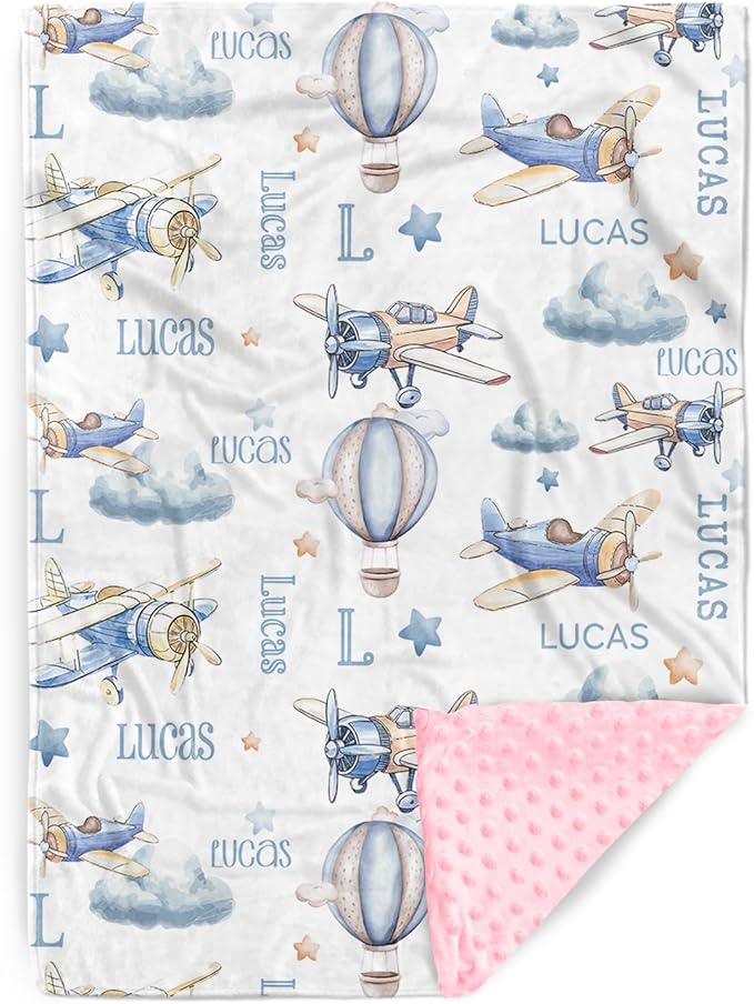 Personalized Infant Swaddle Blanket – Soft Flannel with Double-Layer Dotted Backing – Aircraft and Hot Balloon Design