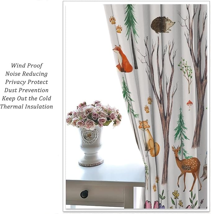 Forest Animal Kids Curtains, Watercolor Cartoon Window Treatments, Cute Animal Floral Girl Toddler Home Bedroom Living Room Drapes 42x45 Inch