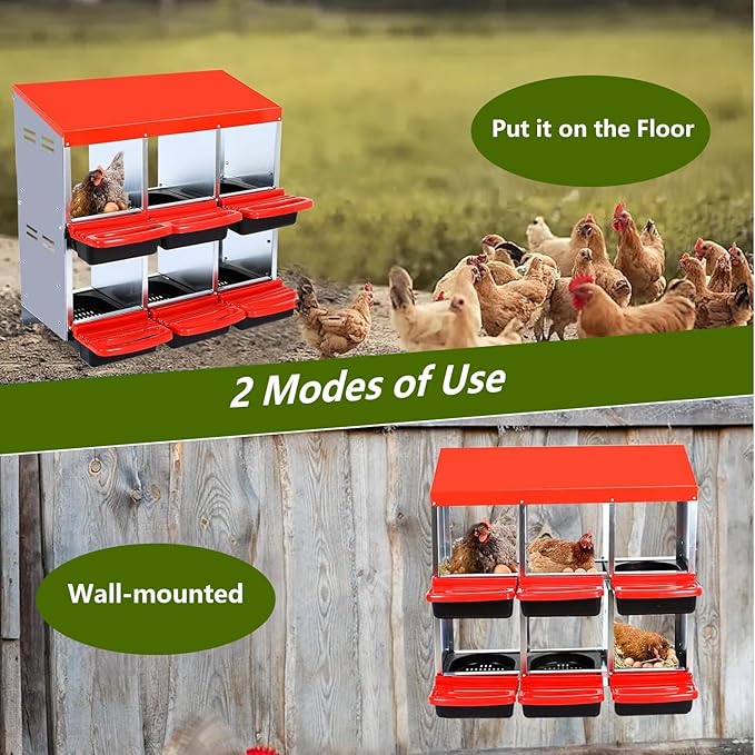 Chicken Nesting Box, 2-Tier Chicken Laying Boxes for Hens, 10 Hole Nesting Boxes for Chickens, Roll Away Nest Box for Laying Eggs, Roll Out, Easy Egg Collection (Red, 6-Holes Without Legs)