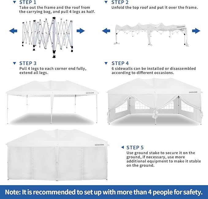 OASISHOME Pop-up Gazebo Canopy Tent 10'x20' with 6 Removable Sidewalls, Windows, Stakes, Ropes, Carry Bag,Suitable for Patio, Outdoor, Wedding Parties&Commercial Events (White, 10X20)