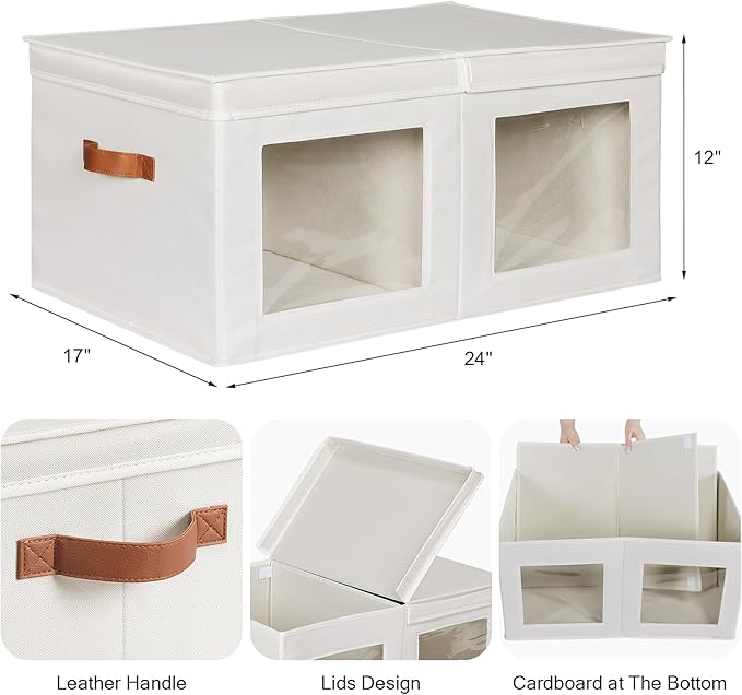 Univivi Large Storage Boxes with Lids, Collapsible Foldable Storage Bins for Clothes, [2-Pack] Fabric Storage Cubes with Handles, Closet Organizers for Home, Bedroom (Beige, 24” x 17” x 12")