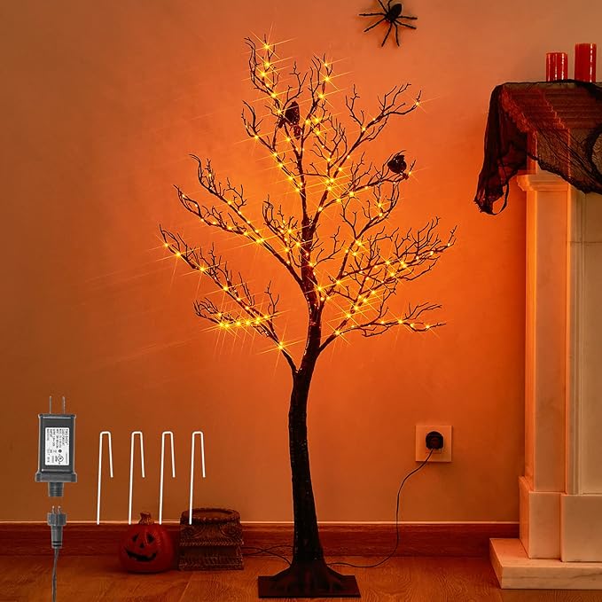 LITBLOOM Halloween Tree with Lights Plug in 4FT 150 Orange Fairy Lights, Lighted Black Spooky Tree for Indoor Outdoor Home Fall Halloween Decoration