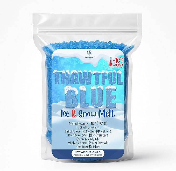 Thawtful Blue Ice & Snow Melt – Snow Melt, Rock Salt, Driveway & Sidewalk Salt for Ice, Blue Granular Rock Salt, Melts to −16°F (−27°C) – Resealable Zip Bag (3 QUARTS - 6.4 lb.)
