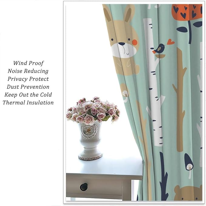 Cute Animals Curtains, Cartoon Fox Hedgehog Hare Forest Trees Blackout Window Treatments, Rod Pocket Thermal Insulated Drapes 2 Panel Sets for Kids Bedroom Nursery Classroom, 63" W X 63" L