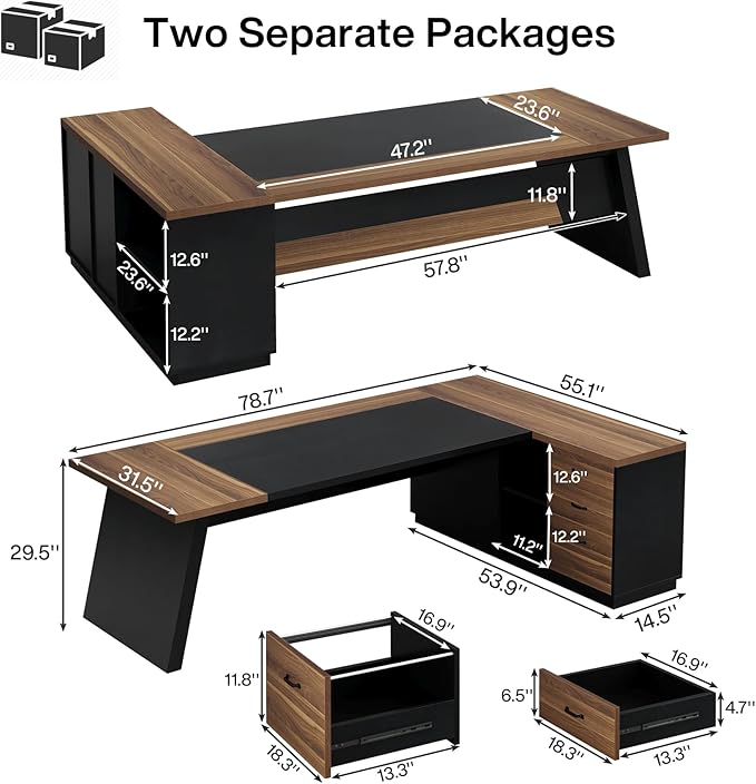 Tribesigns 78" L-Shaped Executive Desk, Large Modern Office Desk with Drawers and File Cabinet, Business Furniture with Storage Shelves, Big Computer Desk for Home Office (Light Walnut + Black)