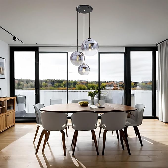 H XD GLOBAL Set 3-Light Globe Gradient Silver Glass Pendant Light, Modern Glass