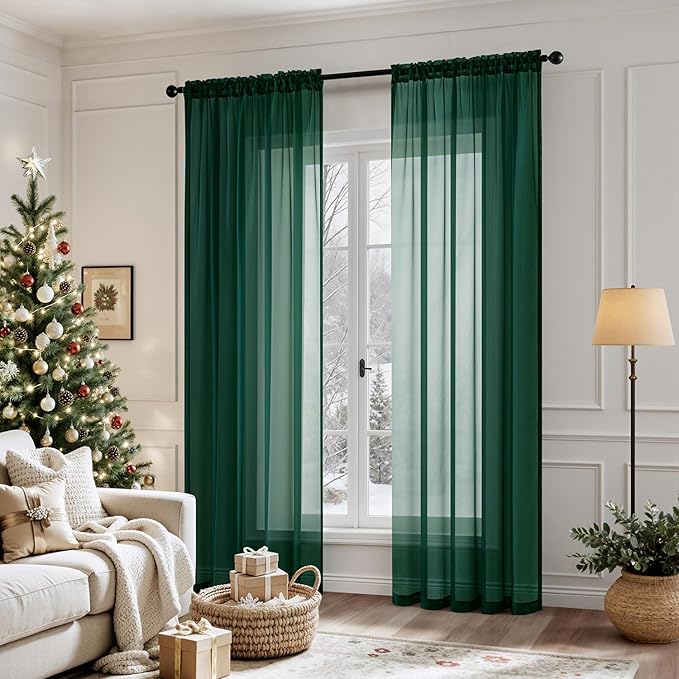 MIULEE 2 Panels Christmas Solid Color Sheer Window Curtains Elegant Window Voile Panels/Drapes/Treatment for Bedroom Living Room (54X63 Inches Hunter Green)