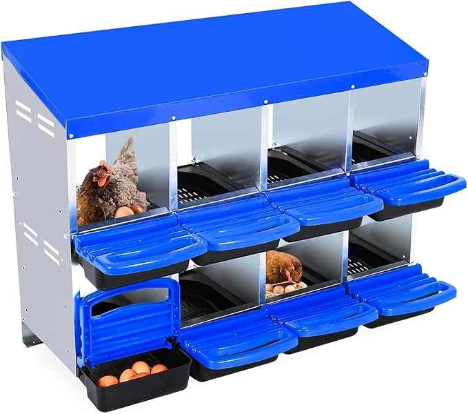 Chicken Nesting Box, 8 Hole 2 Layer Hen Nest Boxes, Roll-Away Egg Collection System with Ventilation Holes，Rustproof Plastic Tray & Keyhole Mounting, Chicken Laying Box