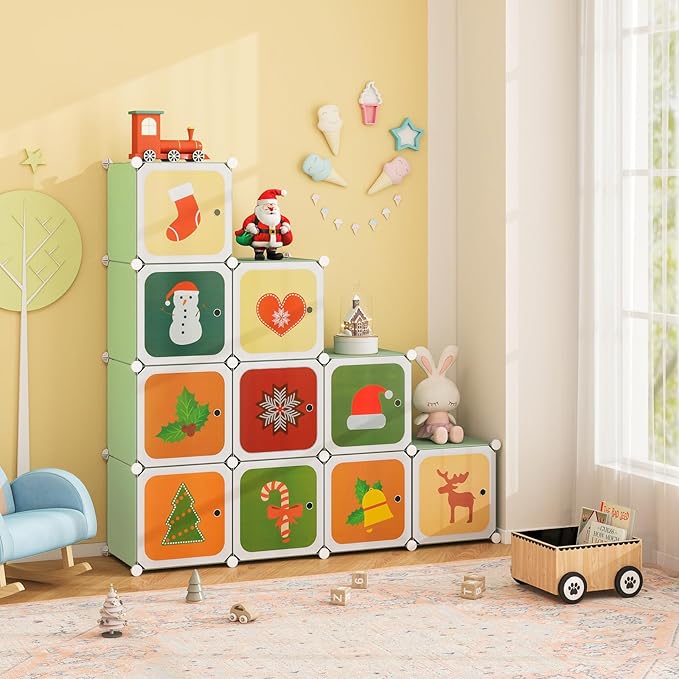 Costzon Kids Closet, Cartoon DIY Modular Dresser Storage Organizer with 12 Cubes & 2 Clothes Hanging Rack, Portable Armoire for Baby Toddlers, Kids Wardrobe for Bedroom Nursery