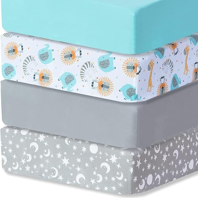 Bimocosy Baby Crib Sheets for Boys, Fitted Crib Sheet 4 Pack for Standard Crib and Toddler Mattresses, Super Soft Breathable Microfiber Baby Sheet 28x52x8in, Stars/Woodland Animals/Grey/Green
