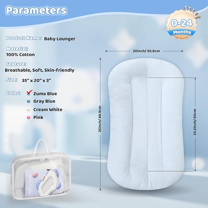 Baby Lounger - Baby Lounger for Newborn, 0-24 Months, Infant Lounger for Home and Travel, Soft Cotton, Baby Nest Lounger, Newborn Babies Essentials Gifts, ZumaBlue (Lounger Cover Included)