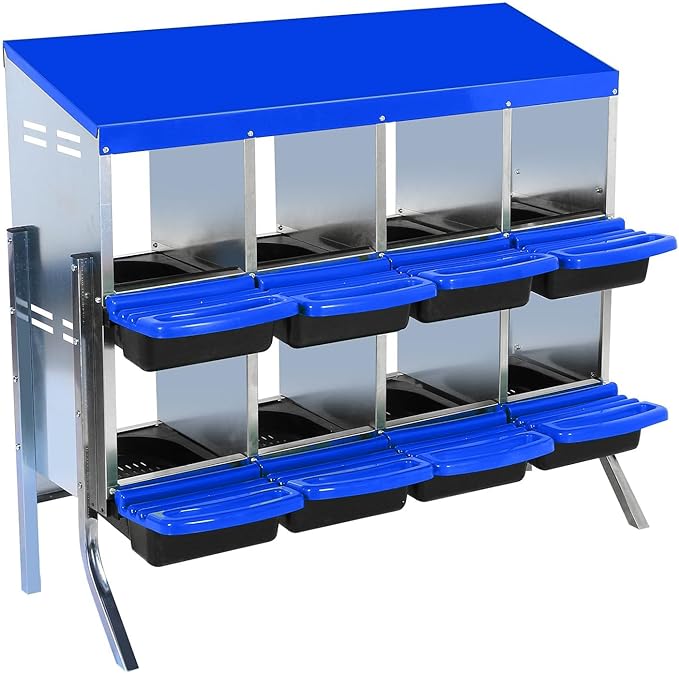 GarveeHome 2-Tier Chicken Nesting Box, 8 Compartment Metal Chicken Laying Boxes with Waterproof Roof ＆ Removable Trays for Hens, Poultry，Easy Egg Collection