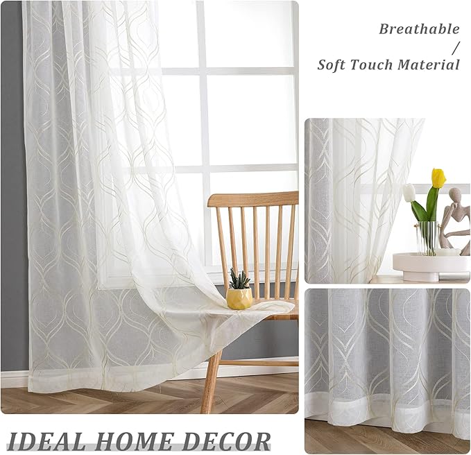 VISIONTEX White Sheer Curtains 72 Inches Long 2 Panels Set Beige Moroccan Embroidered Curtains Trellis French Textured Rod Pocket Voile Tulle Semi Window Drapes for Bedroom Living Room 54 x 72 Inches