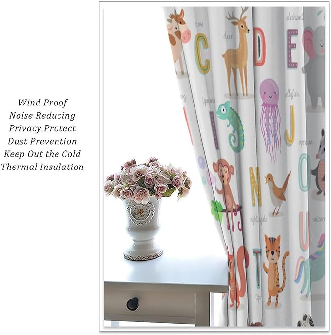 Kids Alphabet Curtains Cute Cartoon Animal Funny Educational Learning Curtain with Rod Pocket for Nursery Bedroom Playroom Home Decor Drapes Window Treatments 2 Panels Set 42" W X 54" L