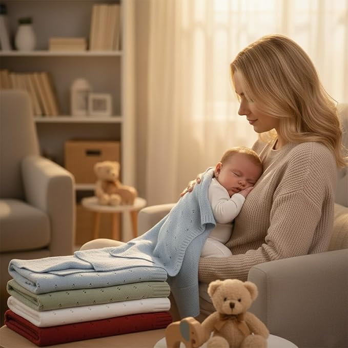Baby Knit Blanket, 100% Cotton Eyelet Patterns, Soft, Cozy, Lightweight Swaddle for Newborn & Infant Swaddling Beige Neutral, Perfect Baby Shower Ideas Green 30x40