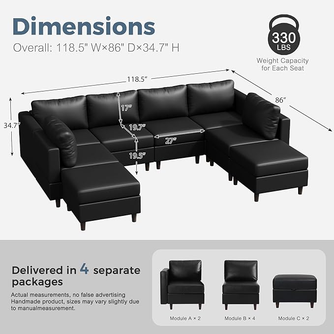 ABCASA 118.5" Faux Leather Modular Sectional Sofa, Modern Large 8 Seater U Shaped Couch with Storage Seat with Reversible Chaise Deep Seat for Living Room DIY Combination - Black