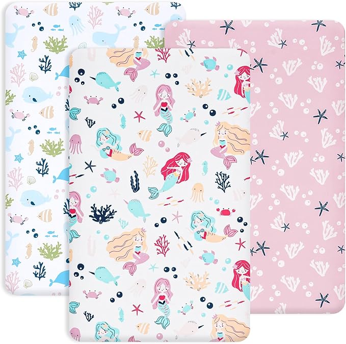 PHF 3 Pack Soft Mini Crib Sheets, Mermaid Silky Pack N Play Sheets for Baby Boys Girls, Universal Fit for Pack N Play, Playard, Portable and Mini Crib Mattresses, Mermaid
