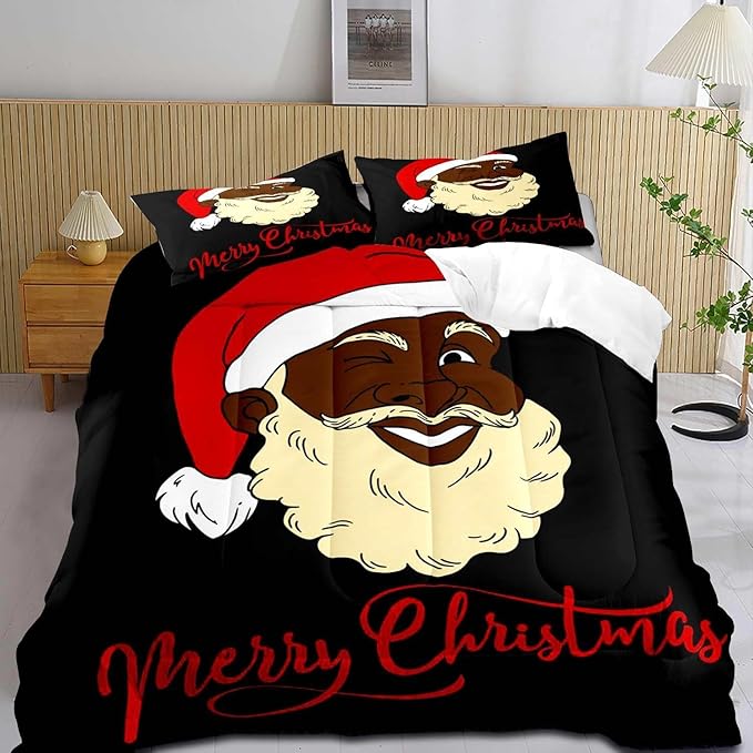 LUVIVIHOME 3PCS Christmas Comforter Set Full Size, Funny African American Black Santa Claus Bedding, Winter Xmas Merry Christmas Bedroom Decor for Kids Boys Girls Teens, Xmas Gifts, 2 Pillow Shams